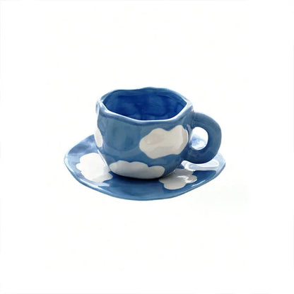 1 ensemble tasse en céramique bleu ciel et nuages ​​blancs avec plateau fleur peint à la main rayé tasse en céramique et ensemble d'assiettes ensemble de tasse à café