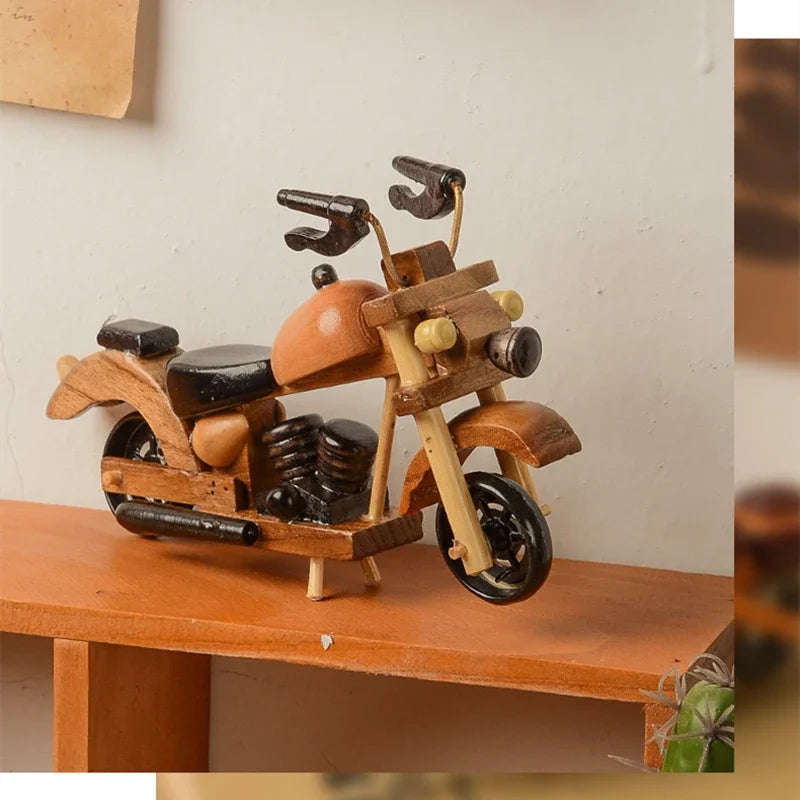 Retro Wooden Motorcycle Model Car Toy Doll Ornaments Wooden Handmade Home Office Decoration Crafts Children's Birthday Gifts