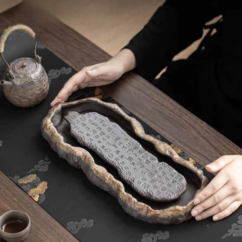 1PC Creativity Tray Heart Sutra Tea Board Chinese Retro Pot Tray Ceramic Pot Bearing Dry Brewing Table Water Storage TypeTeaware