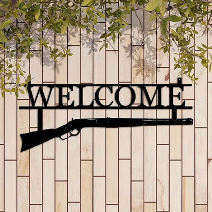 Welcome Sign Home Decor with A Unique Metal Gun Design Sign Hunting Lovers Wall Hanging Decor Metal Wall Mounted Art Livingroom