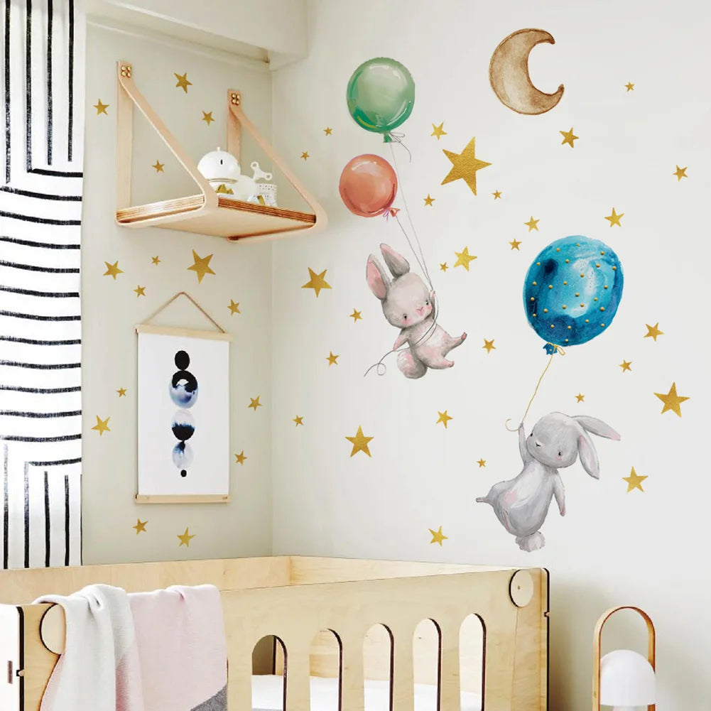 Cartoon Bunny Balloon Wall Sticker Bedroom Living Room Home Decoration Kids Room Wallpaper Glow In The Dark Cute Rabbit Stickers