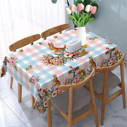 Spring Flowers Easter Bunny Eggs Rectangle Tablecloth Holiday Party Decor Colorful Floral Plaid Table Cloths Dining Table Decor