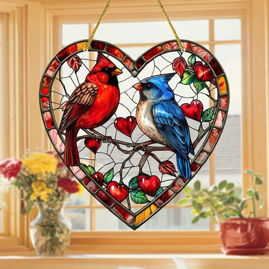 Colorful Red Bird and Blue Bird Pendant Suncatcher/8-inch Heart-shaped Colorful Hanging Decoration/animal Theme
