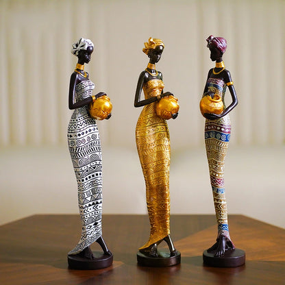 African Woman Figurines for Interior Decoration, Creative Tribal Lady Decorative Sculptures for Home Resin Art Statue Home Decor