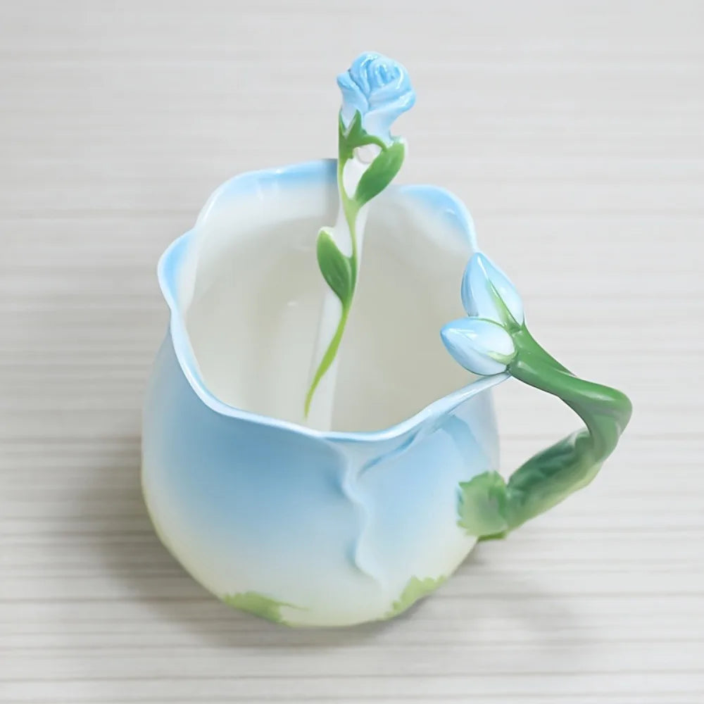 3D Rose Blume Kaffeetasse Keramik Kaffeetassen Niedliche ästhetische Wasserbecher mit Löffel Sommer Winter Trinkgeschirr Valentinstag Geschenke