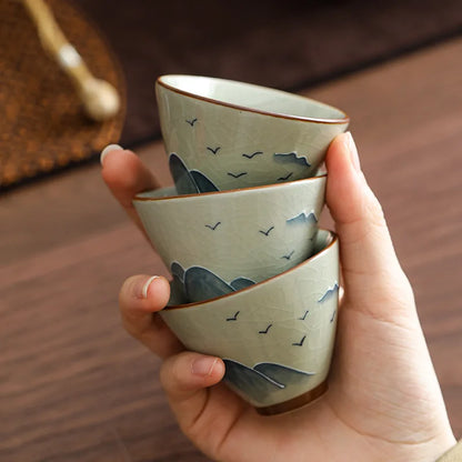 Hand drawn grass gray ceramic underglaze colored mountain and water hat tea cup Kung Fu tea set tea drinking tea single cup