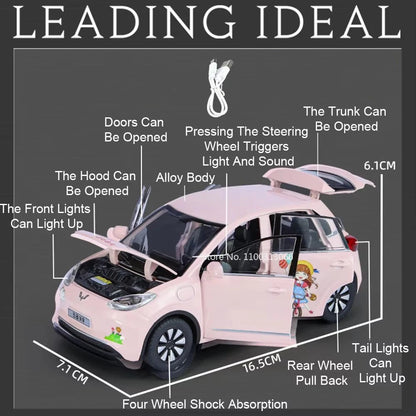 1:24 WULING Bingo MINI EV Model Alloy Diecast Cars Toy Wheel Pull Back Miniature Car with Light Sound Vehicle Toddler Kids Gifts