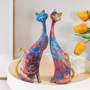 Colorful Cat Statue Oil Painting Cat Couple Sculptures Set Modern Resin Statue for Home Decor Living Room Bookshelf Accents