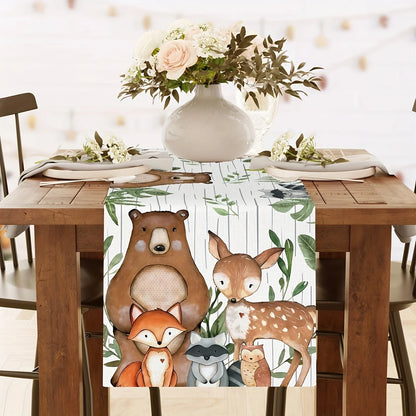 Woodland Animals Linen Table Runner Birthday Party Decor Forest Bear Fox Deer Green Leaves Table Runners Dining Table Home Decor