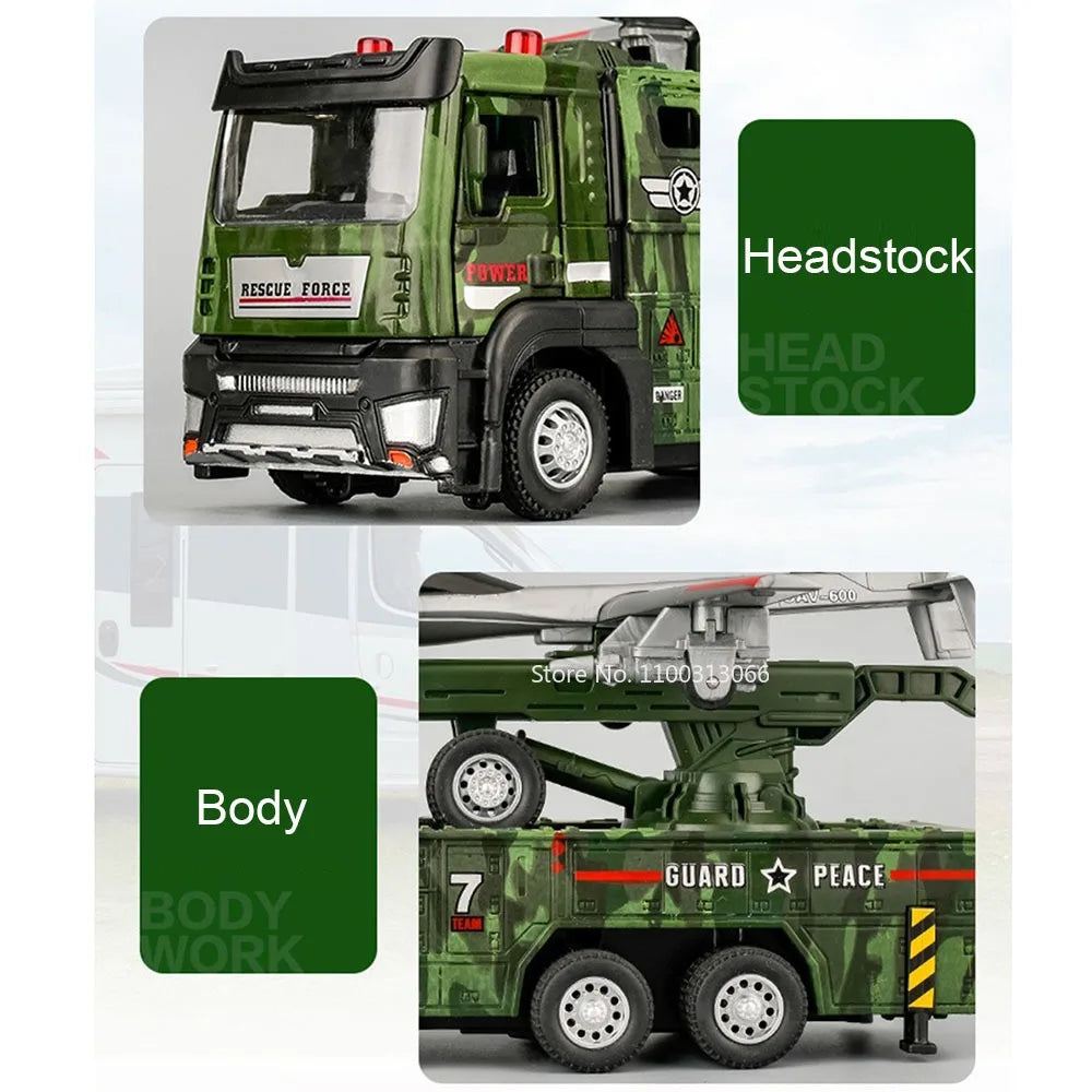 1:32 Military Drone Launch Vehicle Toys Cars Alloy Models Wheel Pull Back with Light Sound Miniature Car for Boys Birthday Gifts