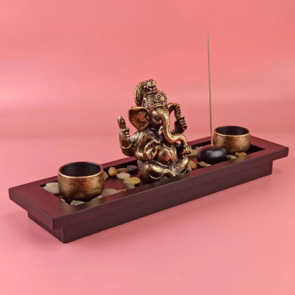 Hindu God Lord Ganesha Statue Wooden Tray with Candle Holder Blessing Ganesh
