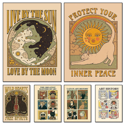 Vintage Cat Poster Tarot Cute Sun Moon Art HD Posters Canvas Paintings And Prints Wall Art For Living Room Home Decor Frameless