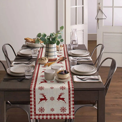 Christmas Elk Deer Snowflake Linen Table Runner Table Decor Winter Xmas Reindeer Plaid Dining Table Runners Christmas Decoration