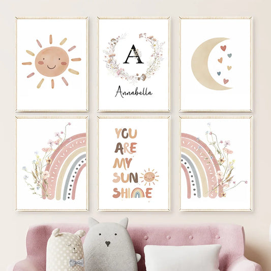 Pink Rainbow Sun Moon Clouds Flowers Wall Art Canvas Painting Custom Baby Name Posters And Prints Pictures Girl Kids Room Decor
