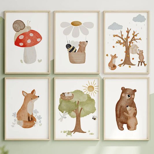 Boho Bear Fox Bird Tree Cabin Mushroom Flower Wall Art Canvas Painting Cartoon Posters And Prints Pictures Baby Kids Room Decor