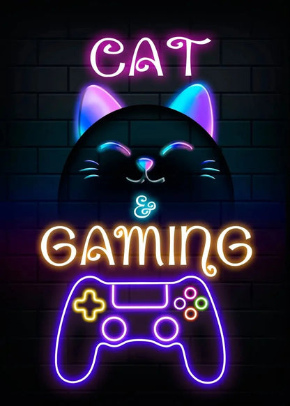 Nordic Neon Cat and Gaming Controller Quotes HD Posters Canvas Painting for Wall Art Mural Gamer Boys Girls Room Decor No Lights