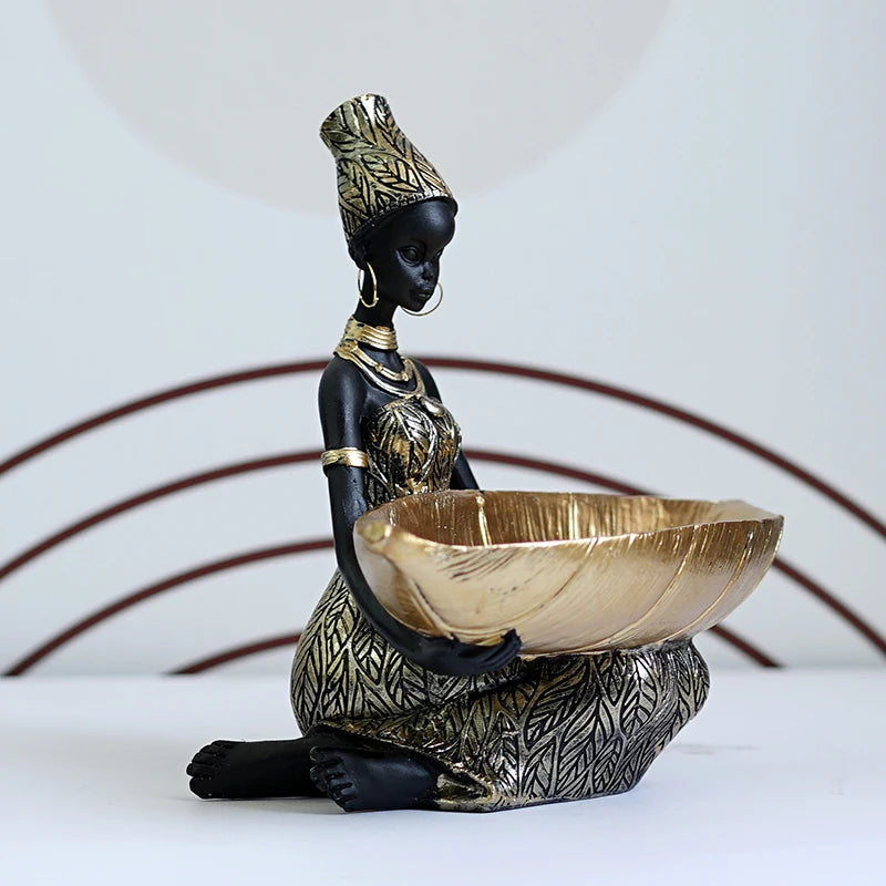 NORTHEUINS Résine Africaine Noire Femme Statue De Rangement Figurines Exotiques Intérieur De La Maison Décor De Bureau Clés Conteneur De Bonbons Artisanat Article