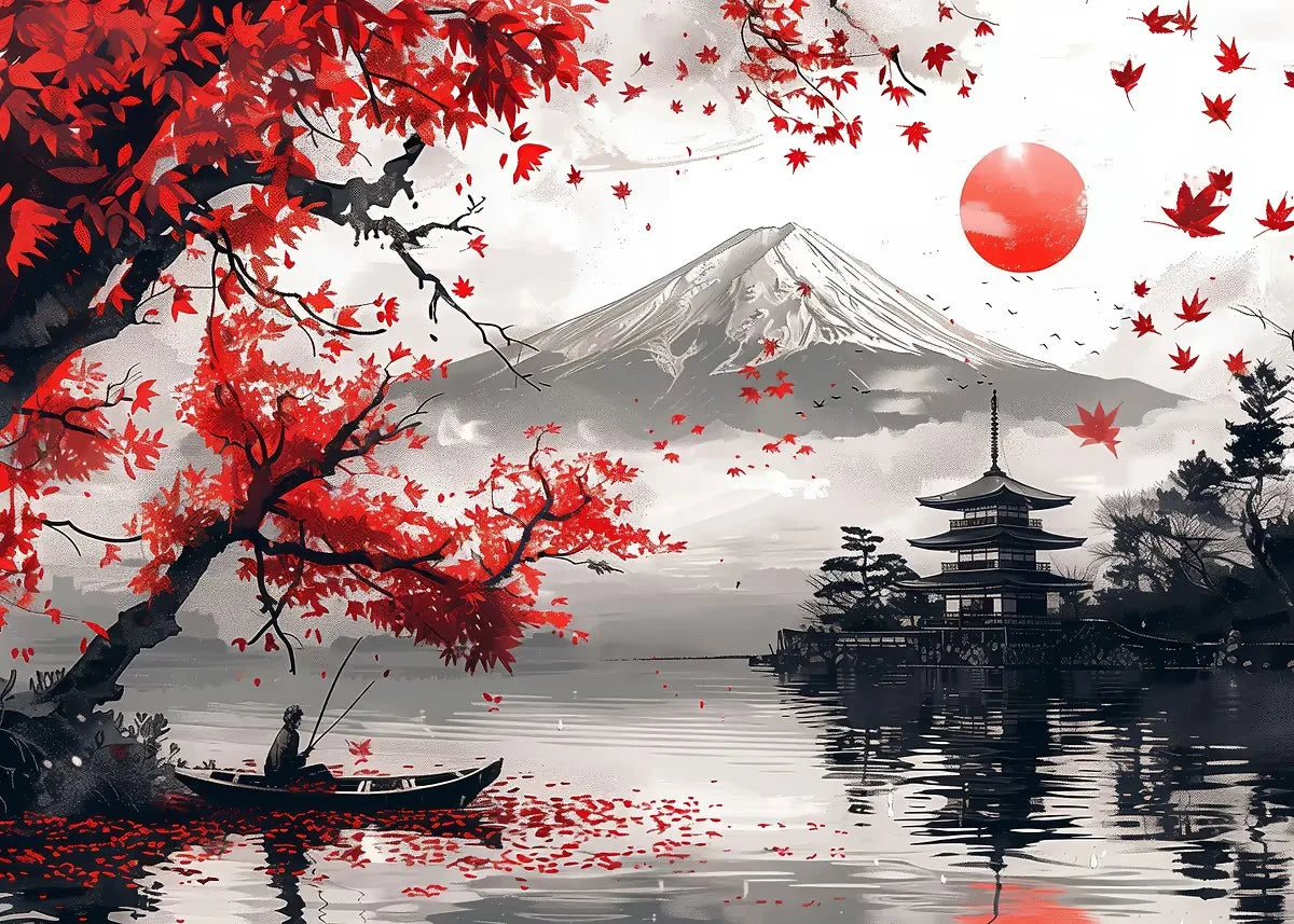 Japanese Landscape Ink Painting Poster Mountain Cherry Blossom Flowers Samurai Dragon Koi Canvas Picture Wall Art Home Decor