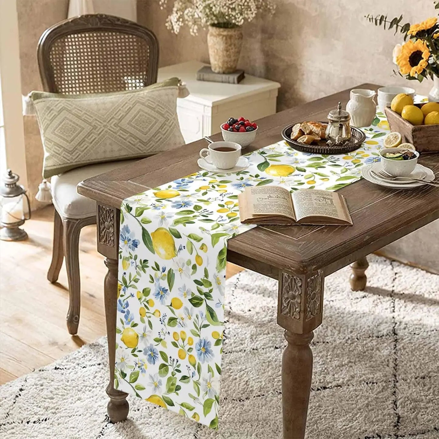Summer Yellow Lemon Blue Flowers Linen Table Runner Holiday Party Decor Farmhoue Kitchen Dining Table Runners Wedding Decoration