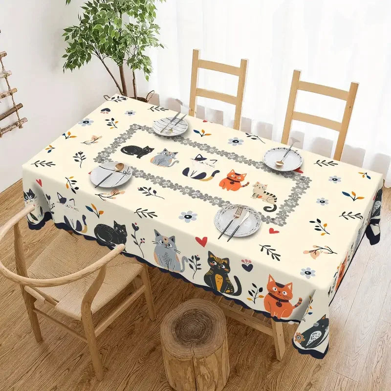 Cute Cat Floral Printed Rectangle Tablecloth Wedding Party Decor Orange Black Gray Cats Polyester Table Cloth Dining Table Decor