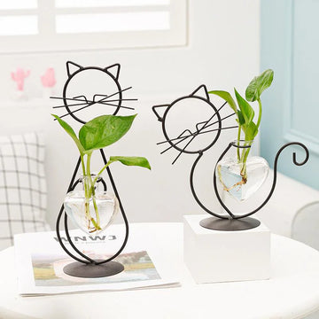 Hydroponic Plant Vases Cute Cat Shaped Iron Ware Flower Arrangement Vase Transparent Vase With Iron For Home Table Decoration
