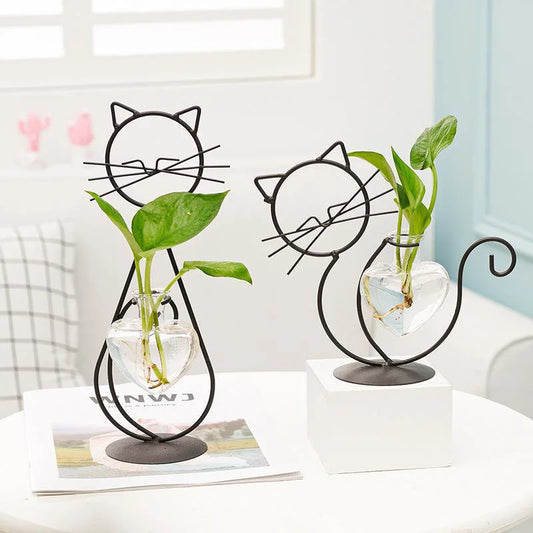 Vases à plantes hydroponiques en forme de chat mignon, Vase d'arrangement de fleurs en fer Transparent avec fer pour la décoration de Table de la maison