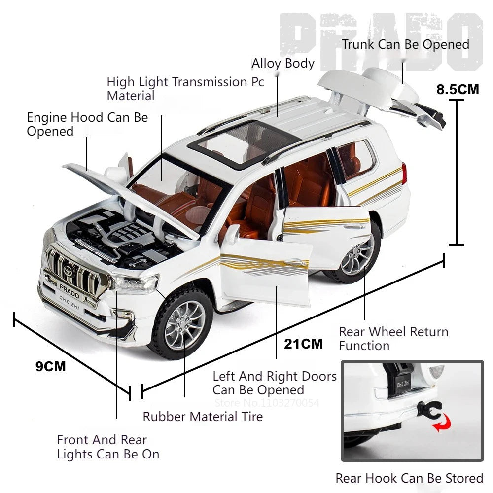 1:24 Scale Prado LC250 Models Cars Toys Alloy Diecast 6 Doors Opened Miniature Vehicles Pull Back Off-road Boys Perfect Gifts