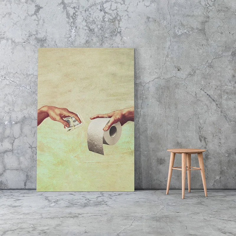 Hand of God and Adam Funny Toilet Paper Wash Room Bathroom Living Wall Art Home Decoration Retro Picture Canvas Painting Poster