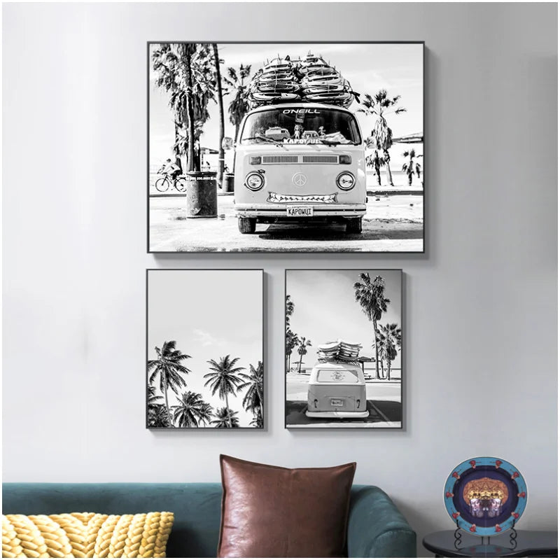 Black White Photography Camper Van Beach Surf Print Palm Tree Art Canvas Painting Ocean Poster Living Room Home Decor Gift