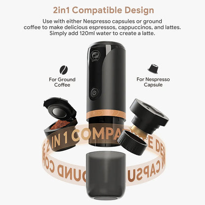 Portable Espresso Coffee Machine 2in 1 Fit Nespresso Capsule Coffee Powder Rechargeable Electric Coffee Maker  For Car & Travel