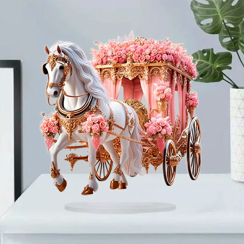 1pc Boho Style Acrylic White Horse Carriage Statue Multipurpose Tabletop Decor for Home Office Garden Romance Display Sculpture