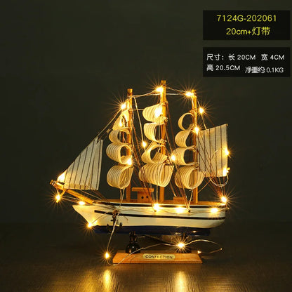 Pirate ship Sailboat model Wooden small wooden boat decoration Cake ornaments Fishing boat home tabletop decoration LED 16-20cm