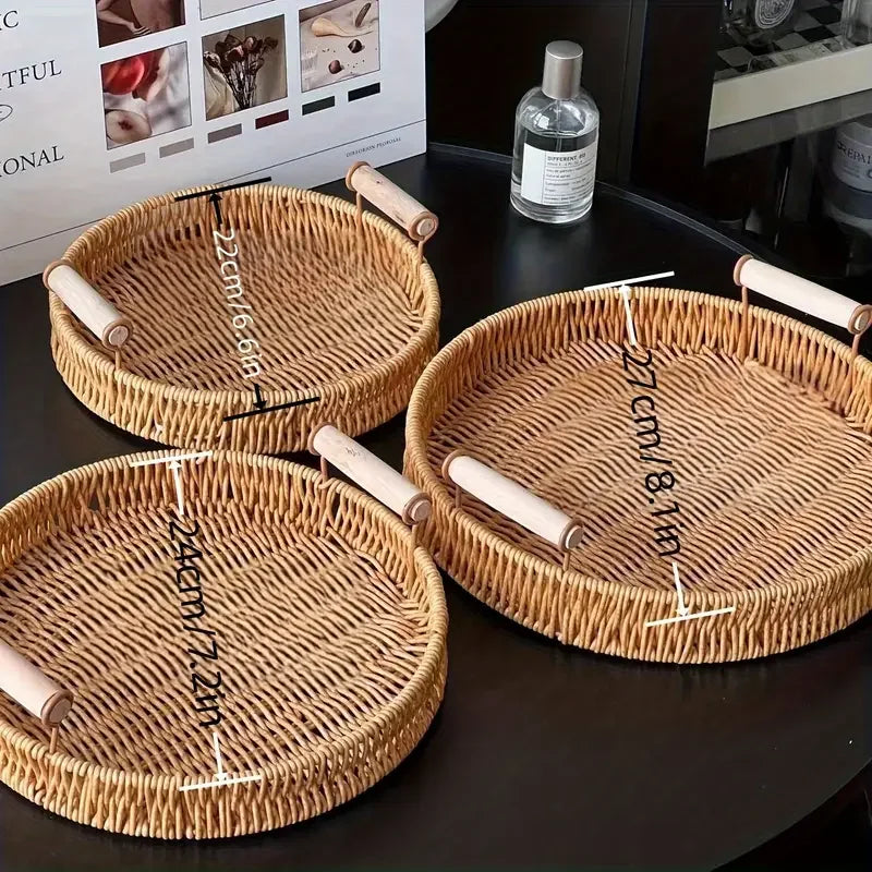 1/3 Piece Hand Woven Imitation Rattan Round Storage Tray Wooden Vintage Imitation Rattan Fruit Basket Snack Tray Storage Tray