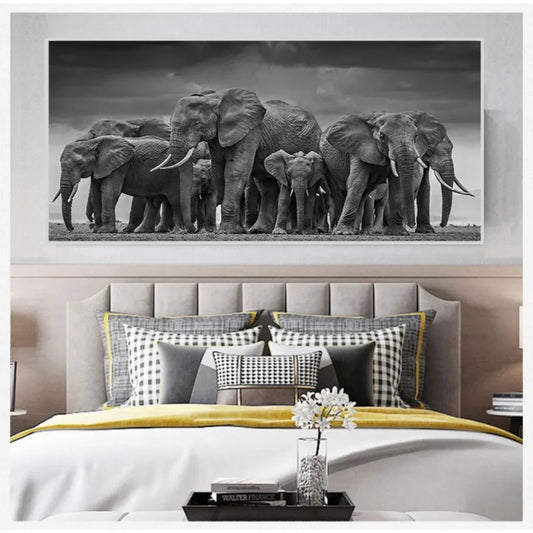 Affiches et imprimés en toile d'animaux modernes en noir et blanc, Art mural de troupeau d'éléphants d'afrique, décoration de salon et de chambre à coucher, cadeaux
