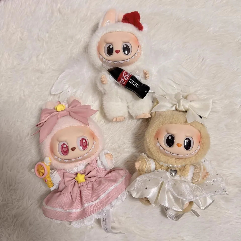 Clothes for Labubu 17cm Outfit Accessories for The Monsters Clothing Kid Gift Bow Pink Sakura Set Dress and Hairpin