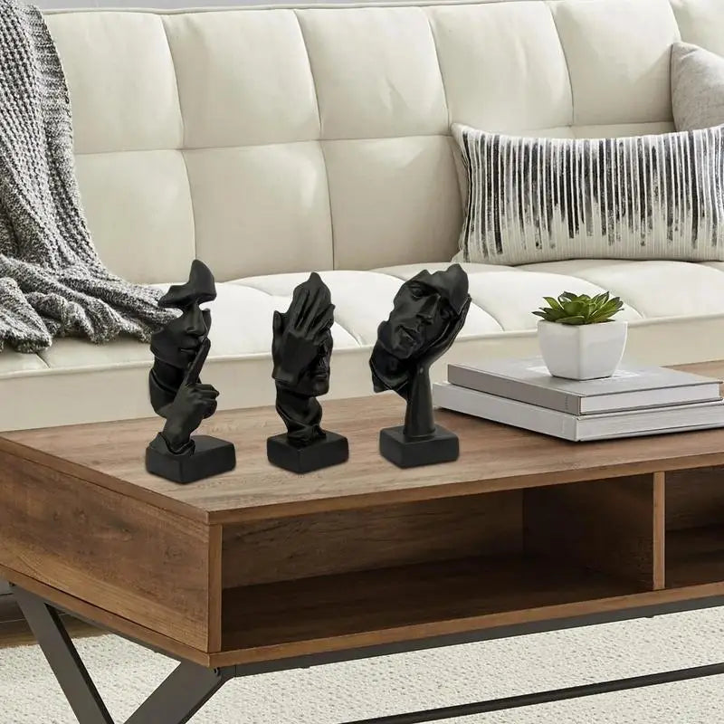 Black Thinker Statue 3pcs Modern Home Collection Statues Abstract Facial Art Resin Ladies Thinker Figurines Set For Living Room