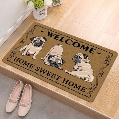 Retro-style Pug Letter Welcome Door Mat Living Room Bedroom Bathroom Entrance Non-slip Floormat Balcony Hallway Laundry Room Rug