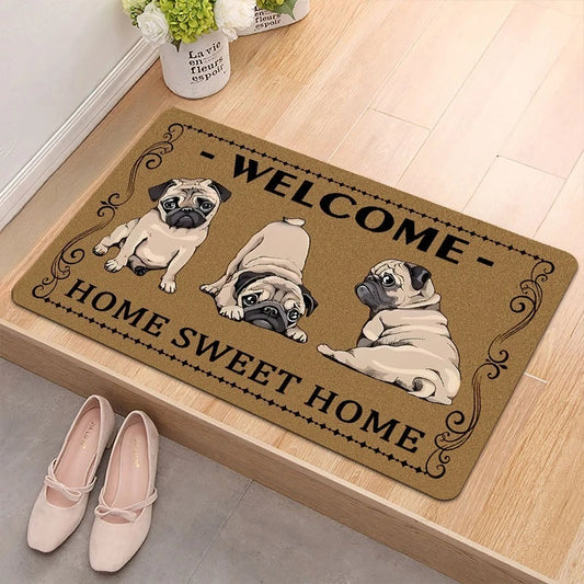 Retro-style Pug Letter Welcome Door Mat Living Room Bedroom Bathroom Entrance Non-slip Floormat Balcony Hallway Laundry Room Rug