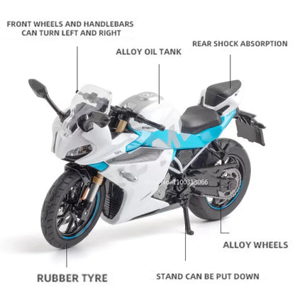 1/12 Alloy Diecast Cfmoto 250SR Racing Motorcycle Model Car Toys Rubber Tires Light Sound Motorbike Vehicle for Children Gifts