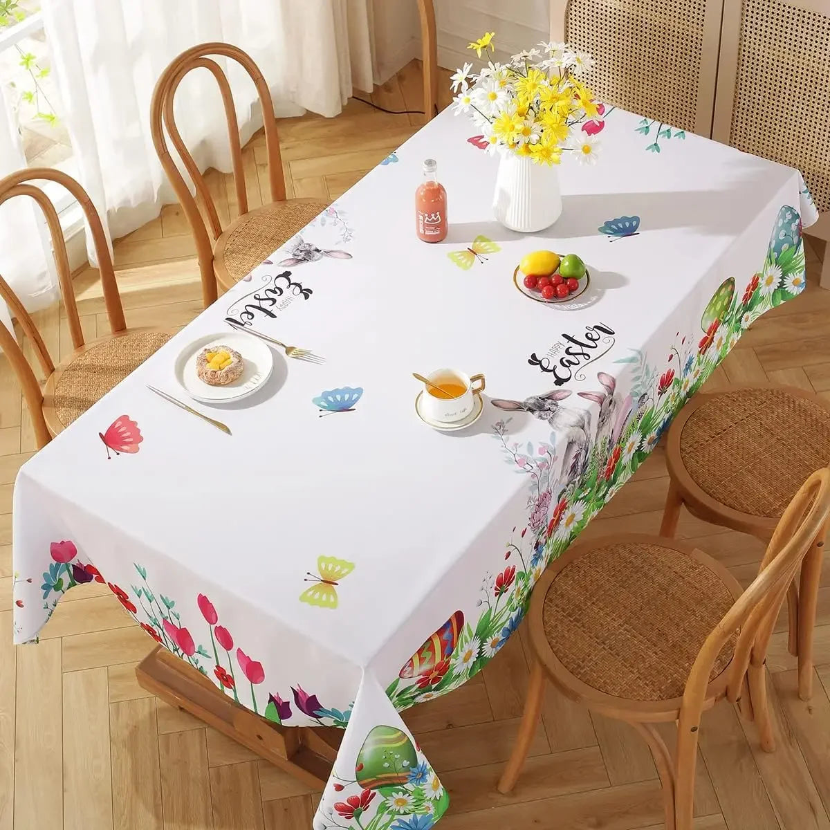 Easter Tablecloth Rectangle Table Washable Spring Table Cover Printed with Colorful Easter Eggs Bunnies Dining Table Party Decor