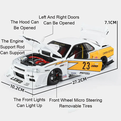 1:18 Alloy Diecast GTR SKYLINE S15 Toys Models Cars 4 Doors Opened Miniature Vehicles with Light Music Car Toddler Kids Gifts