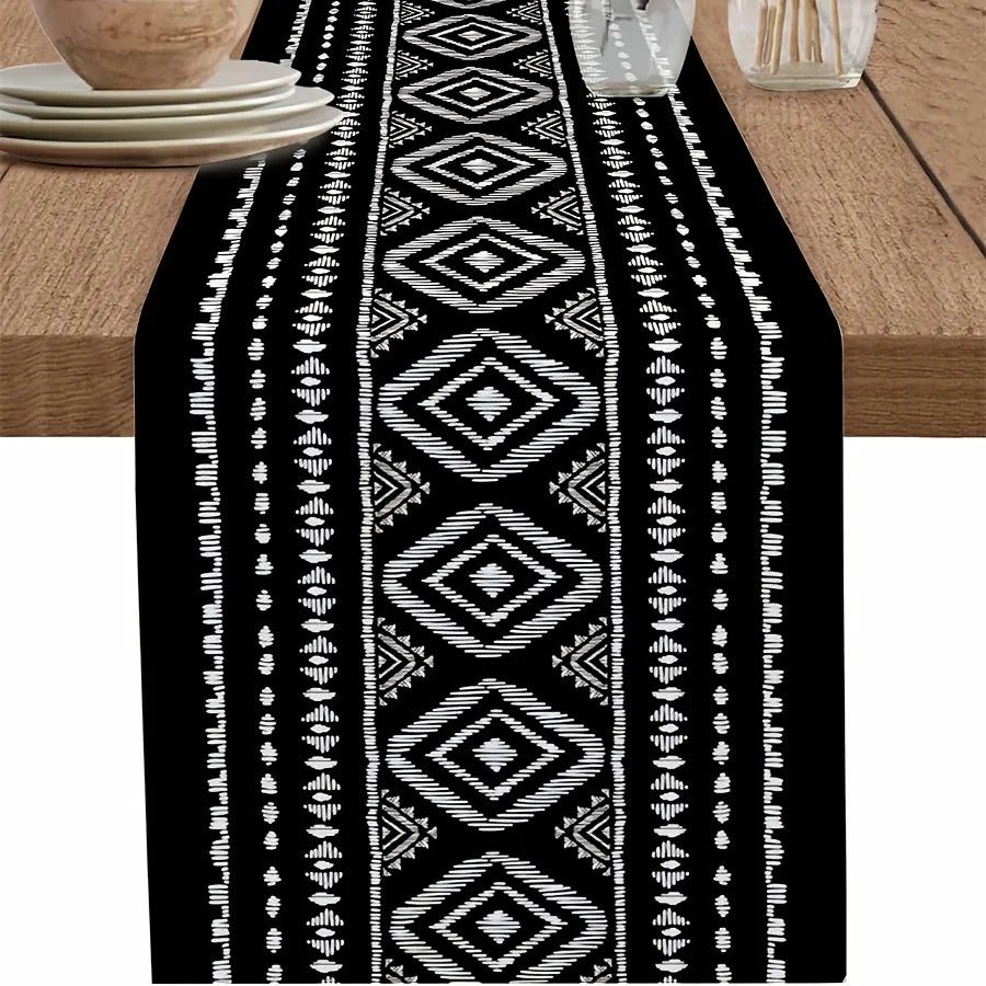 Boho Black White Printed Linen Table Runner Dresser Scarf Decor Modern Geometric Abstract Table Runners Holiday Home Party Decor