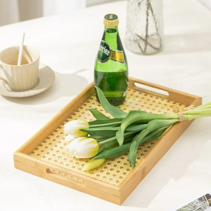 Rattan Bamboo Serving Tray with Handles Decorative Food Serving Trays Basket Serving Tray for Ottoman Coffee Table Kitchen Couch