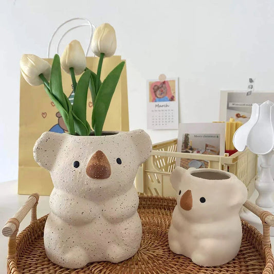 Cartoon Cute Koala Vase Resin Flower Pot Mini Bonsai Succulent Plant Pot Desktop Home Gardening Decoration