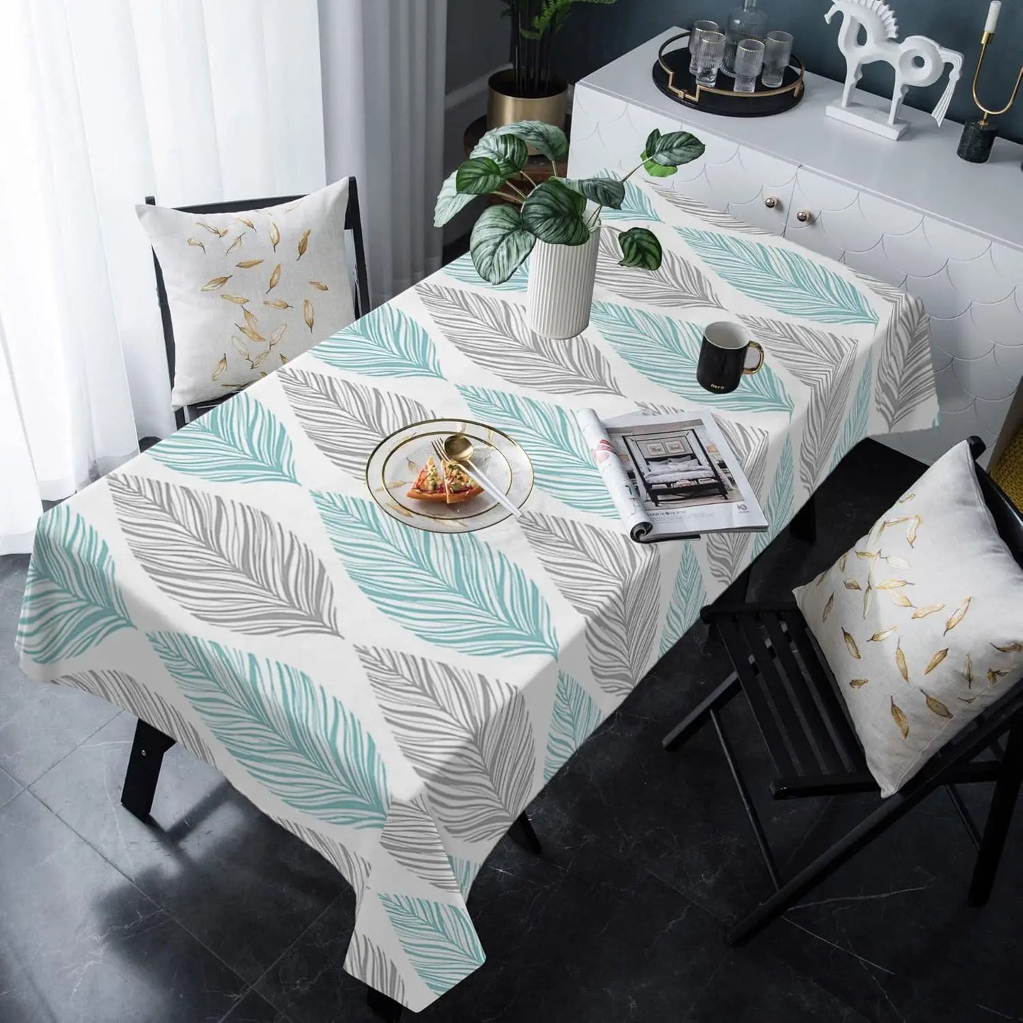 Teal Abstract Leaves Stripes Rectangle Tablecloth Holiday Party Decor Washable Kitchen Dining Table Cloths Outdoor Picnic Decor