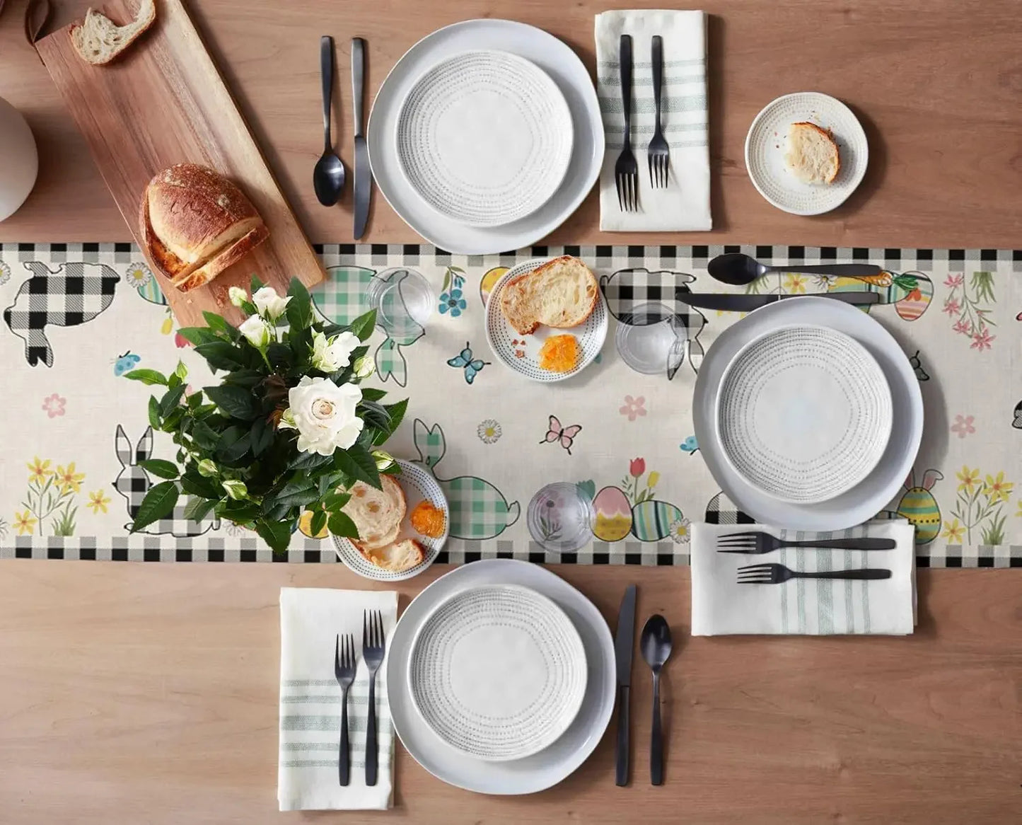Eggs Rabbit Black and White Buffalo Plaid Easter Linen Table Runner Dresser Scarf Coffee Table Decor for Home Dining Party Decor