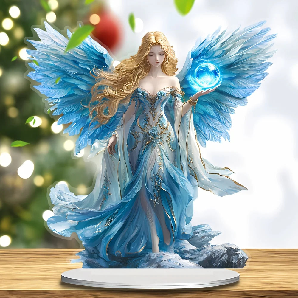 Blue Wing Ornament/guardian Angel Statue/acrylic Desktop Decoration/including Bracket, Suitable for Home and Office.
