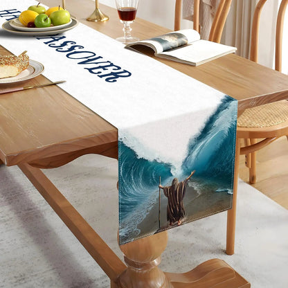 Happy Passover Linen Table Runner Dining Party Decor Moses Divided Parting The Red Sea Jewish Pesach Table Runners Party Decor