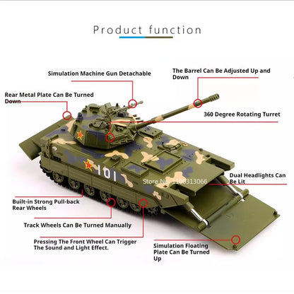 1:32 Amphibious Tank Cars Models Toys Wheel Shock Absorption Armored Miniature Vehicles Light Sound T99A Tanks for Kids Gifts