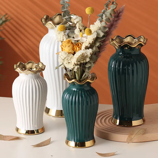 Simple ceramic vase, anchor gold, lotus leaf mouth, creative water decoration, living room dining table decoration